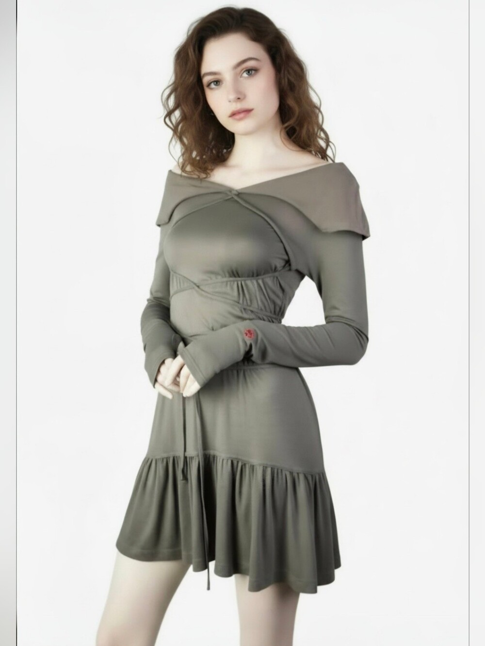 Cop.Copine Long-Sleeve Greige bondage laces modular mini Dress Sz S